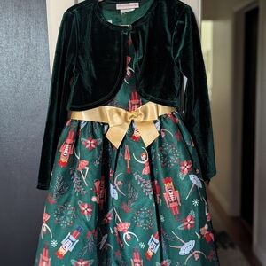 Bonnie Jean Green Holiday Dress with Gold Bow